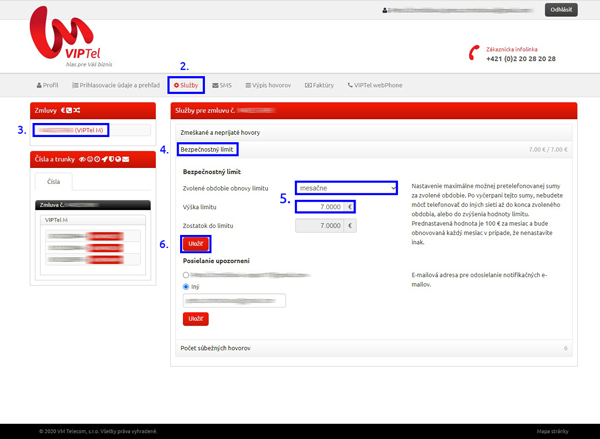 Ako zmenit bezpečnostný limit v Zákazníckej zóne VIPTel