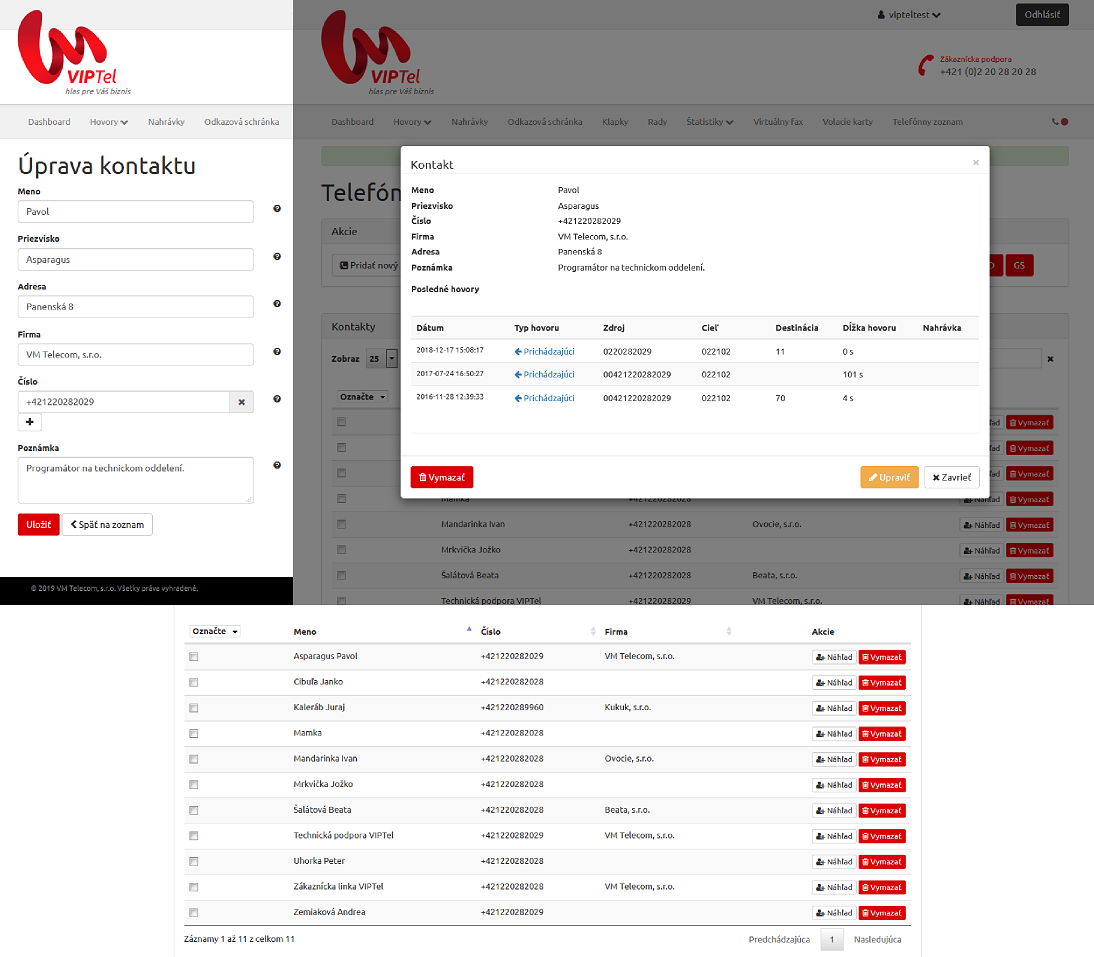 Ukážka telefónneho zoznamu v PBX manageri VIPTel.